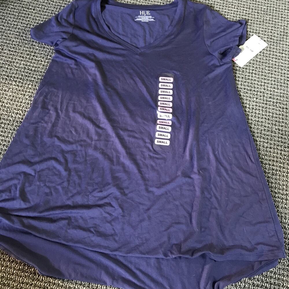 Hue Perfect Legging Tee Womens Small Blue V-Neck Short Sleeve High Low Shirt NWT